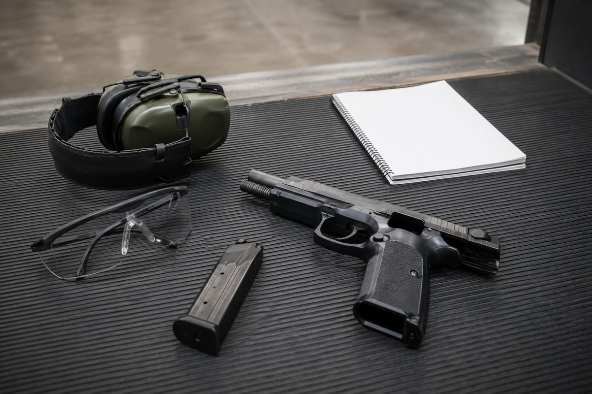A historically styled Colt Model 1903 Pocket Hammerless resting on a neutral work mat beside a magnifying loupe and archival notes, with no ammunition present